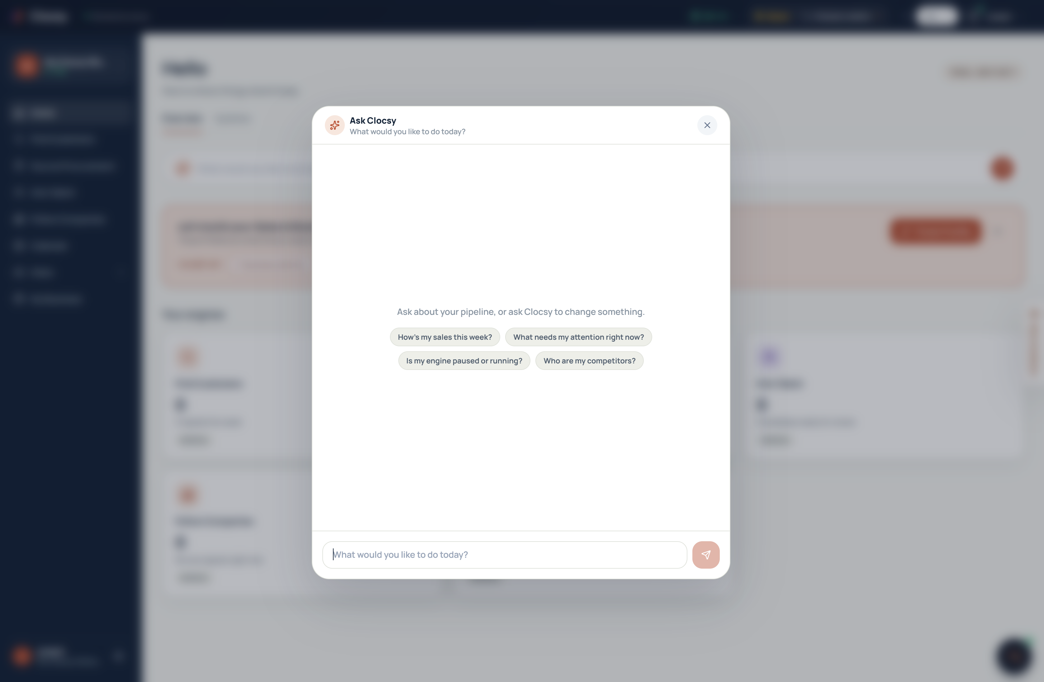 Ask Clocsy, the copilot for every engine: a plain-English question answered with a real action taken across the dashboard.