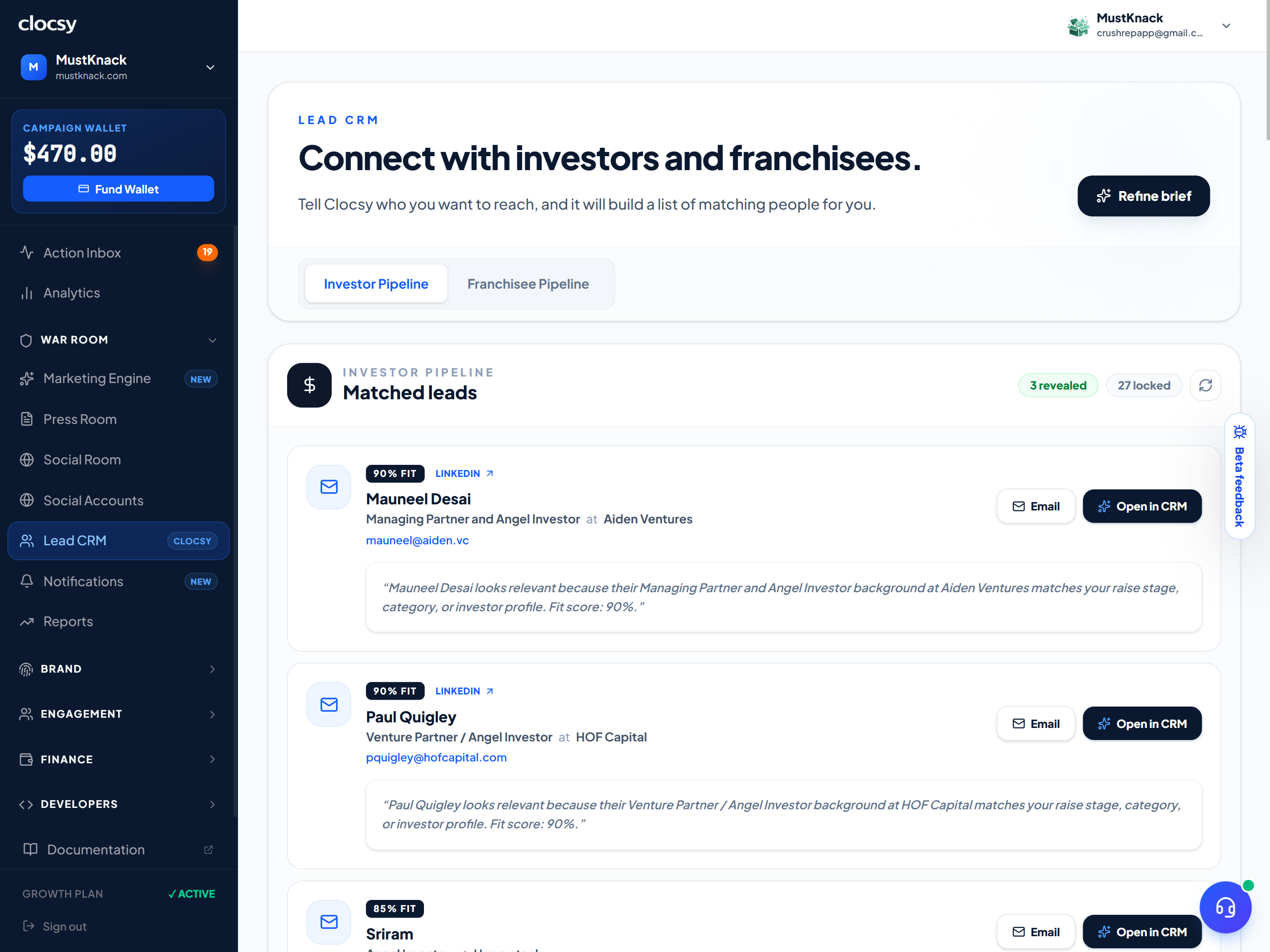 A real Clocsy Find Partners & Investors search: investor and partner profiles sourced from your Sales DNA, ready to review.
