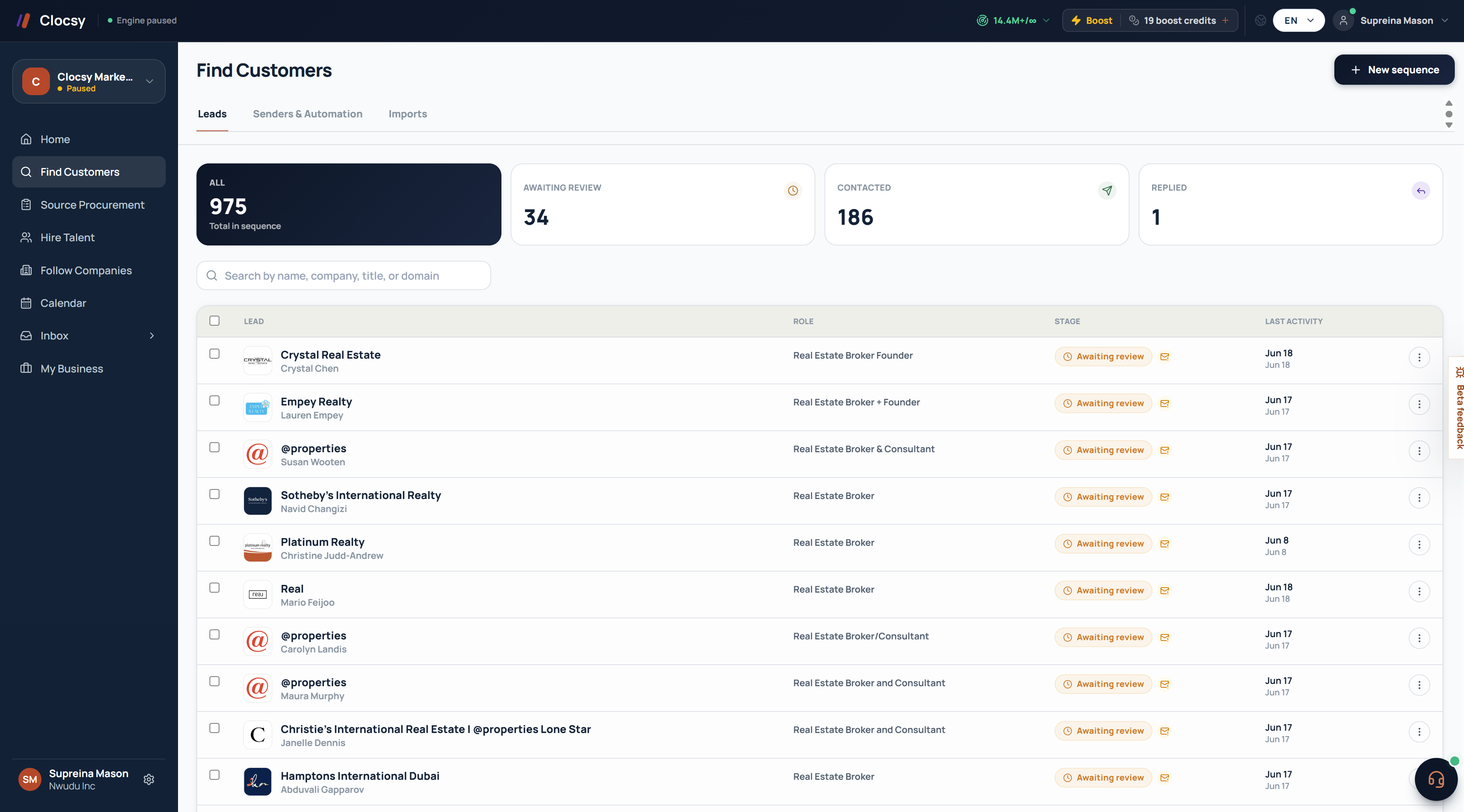 A live Clocsy Sales Engine workspace, showing real buyer sourcing and outreach activity.