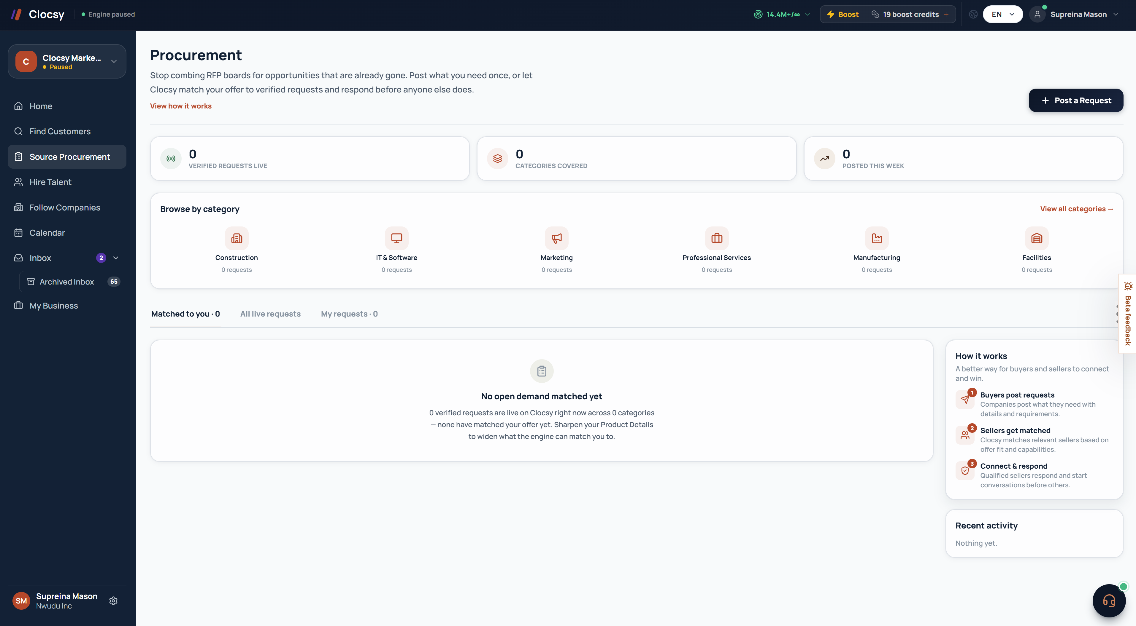 A real Clocsy procurement match: an email-verified RFP request matched to what you sell, with a one-click reply ready to send.