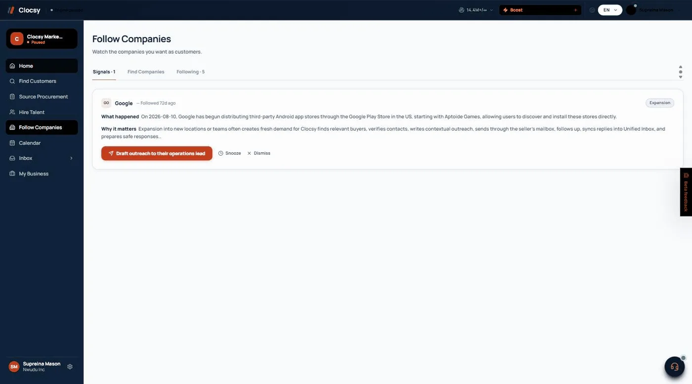 A real signal on a followed company: Google has begun distributing third-party Android app stores, flagged as an expansion signal with a one-click "Draft outreach to their operations lead" action.