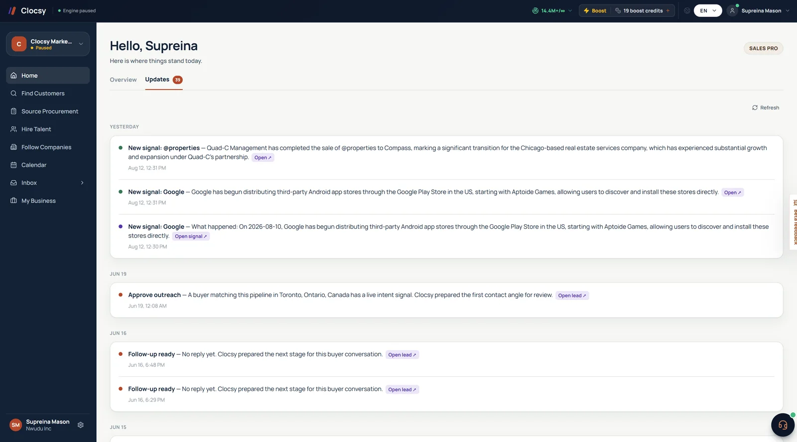 Clocsy's live activity feed: a new expansion signal detected on a followed company, a buyer with a live intent signal ready for outreach approval, and automated follow-up reminders for buyer conversations awaiting reply.