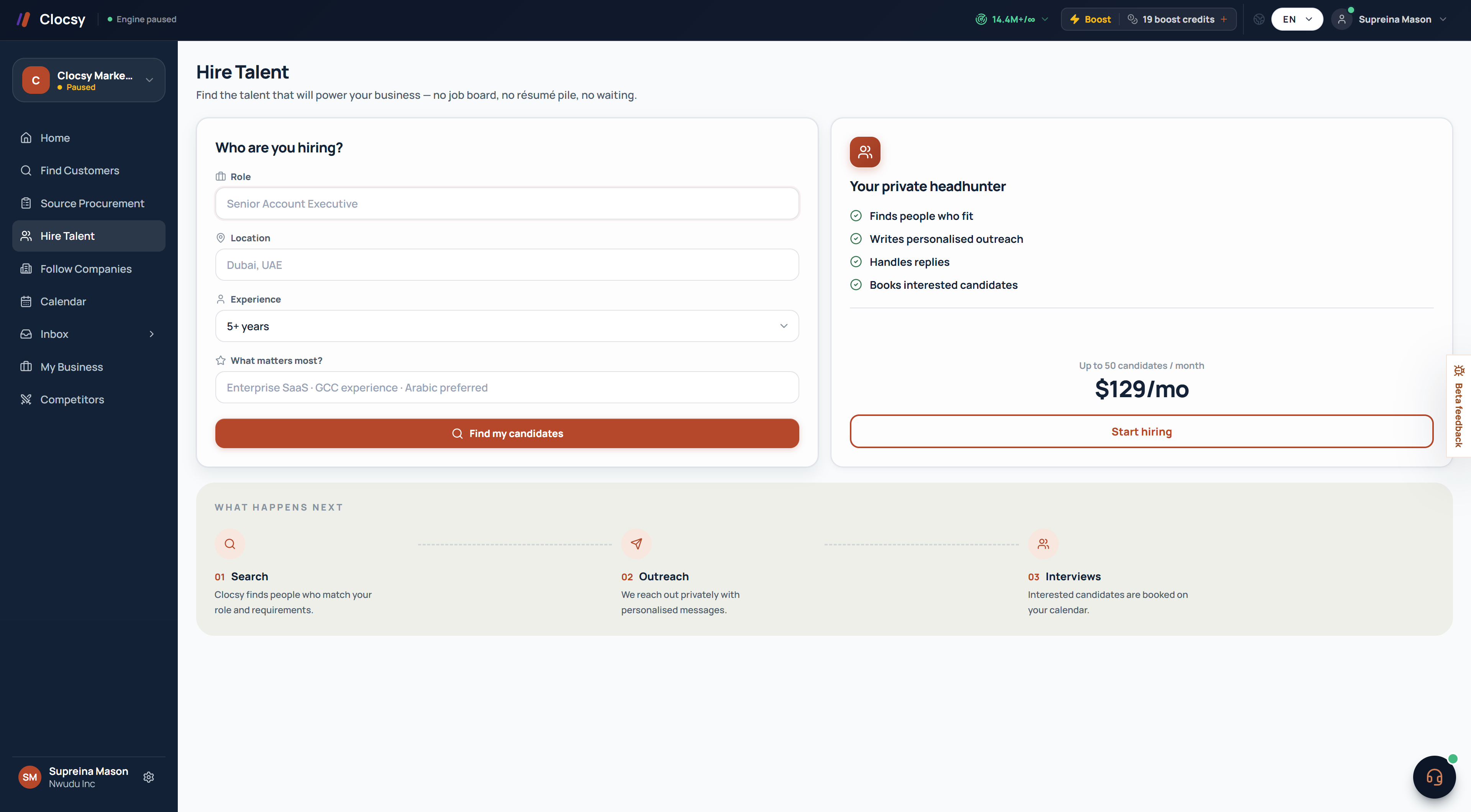A real Clocsy Headhunter candidate pipeline: sourced, contacted, and interested candidates tracked in one live view.